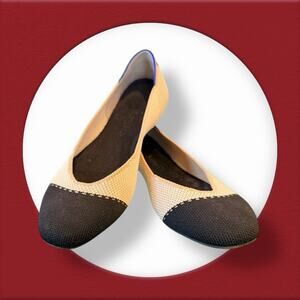 Rothy’s The Square In Tuxedo Size 8 Cream Black Knit Cap Toe Ballet Flats EUC